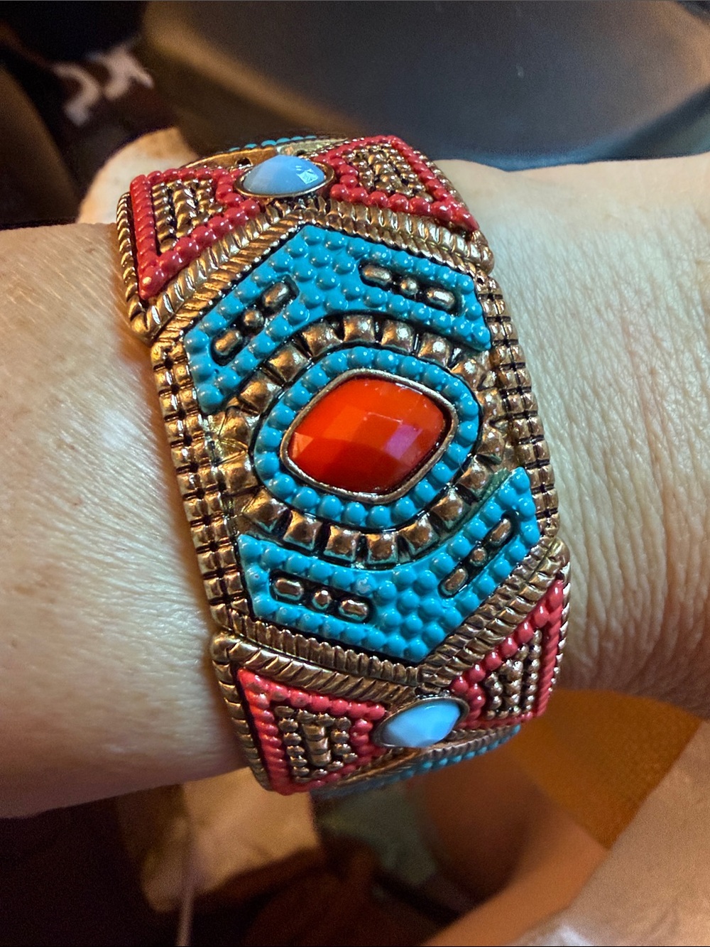 Boho Turquoise Tone & Coral Tone Mosaic Bracelet with Gold-Tone Detailing